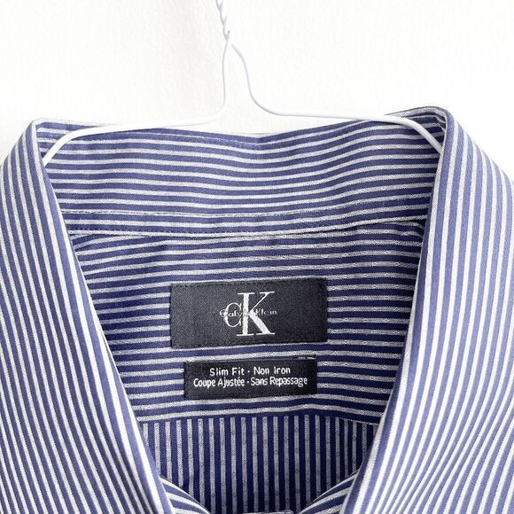 Calvin Klein Men's Slim Fit Non Iron Shirt Long Sleeve Pinstripes Blue Size 17 - Picture 4 of 8